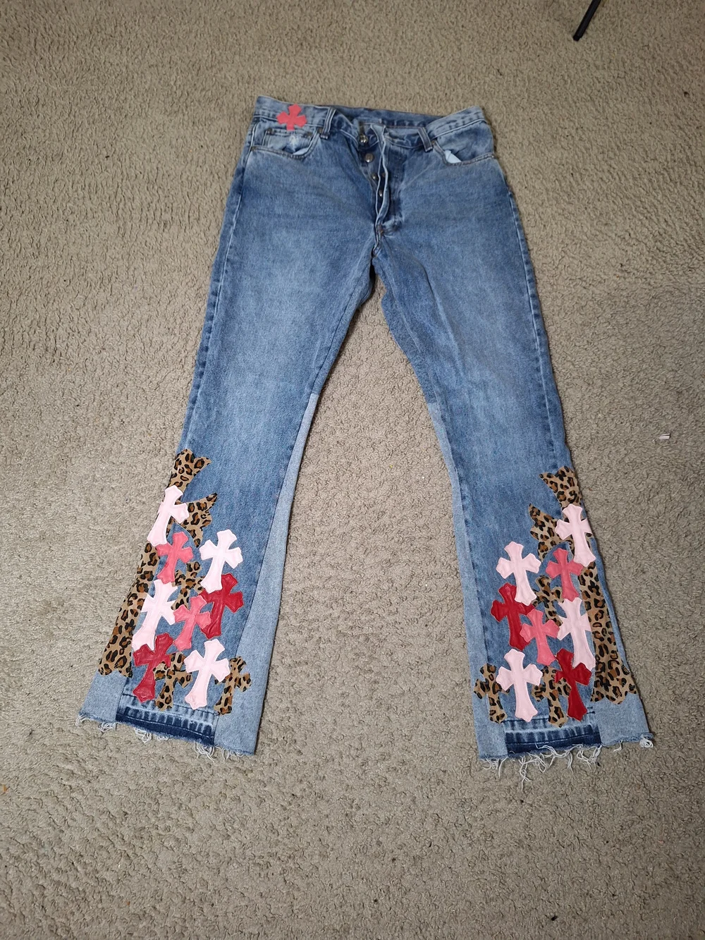 Chrome Hearts Inspired Cross Patch Flared Pink Red Leopard Y2K Denim Jeans 34